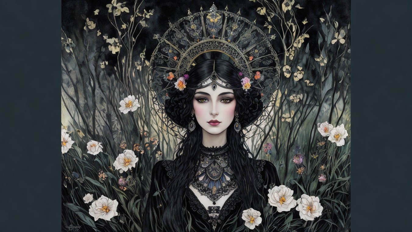 Intricate Illustration of Young Woman in Lush Setting