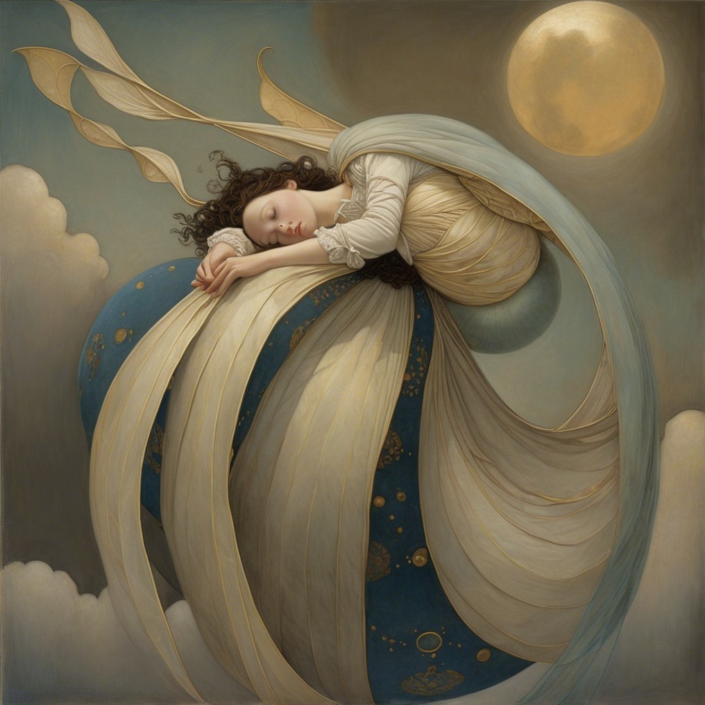 Serene Figure in Whimsical Clouds and Moonlight