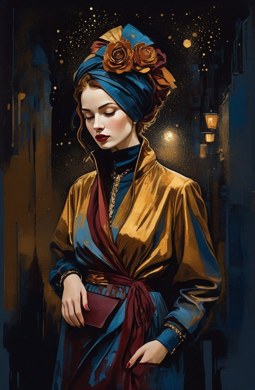 Woman in Blue Headscarf and Golden Jacket Against Urban Background