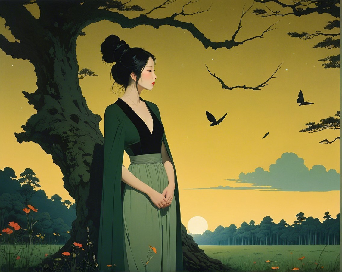 Serene figure under a tree at dusk with birds
