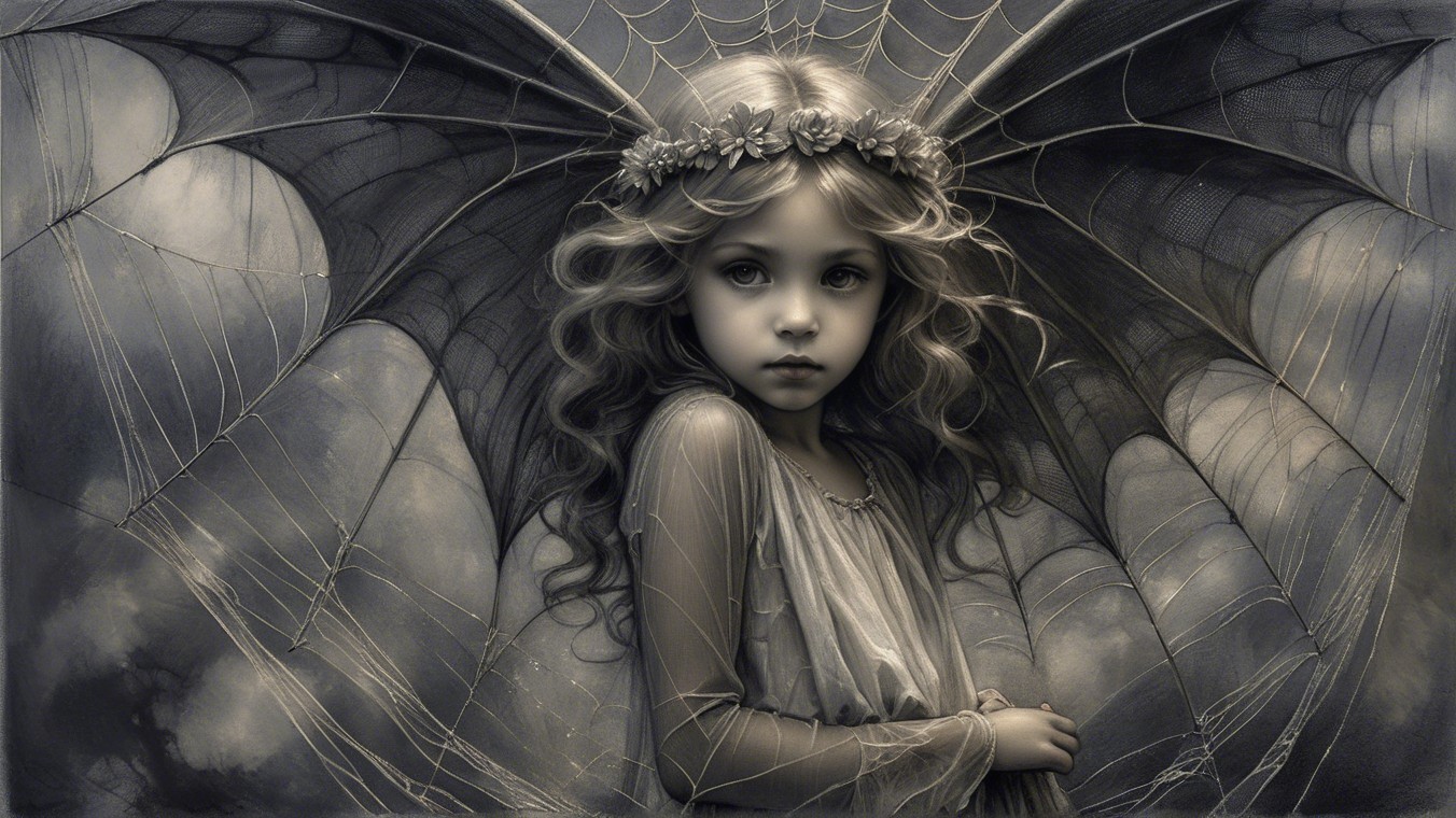 Young girl with spiderweb wings and flower crown