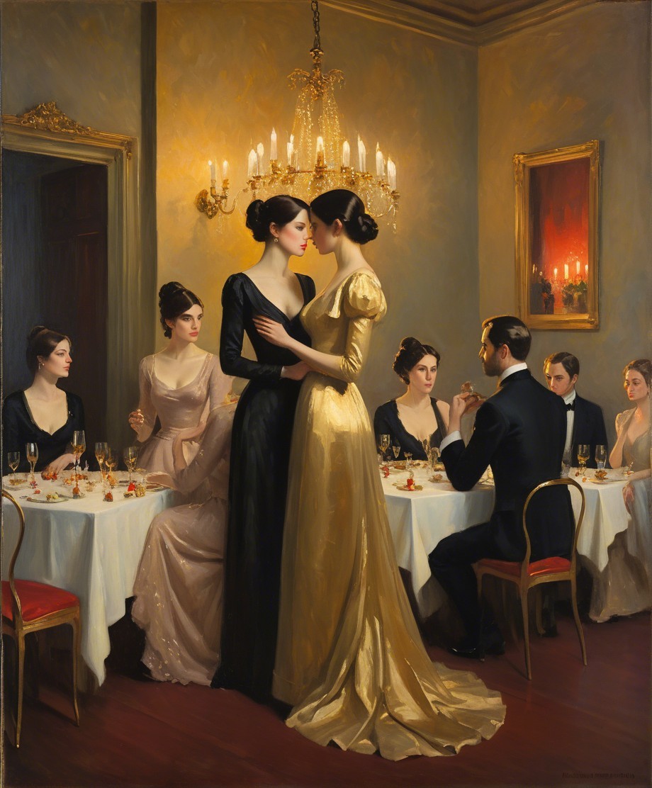 Elegant Dining Room with Women in Evening Gowns