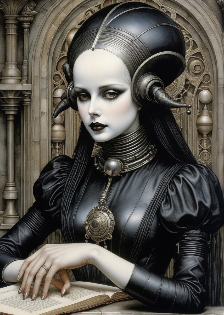Gothic Figure in Dramatic Makeup and Black Outfit