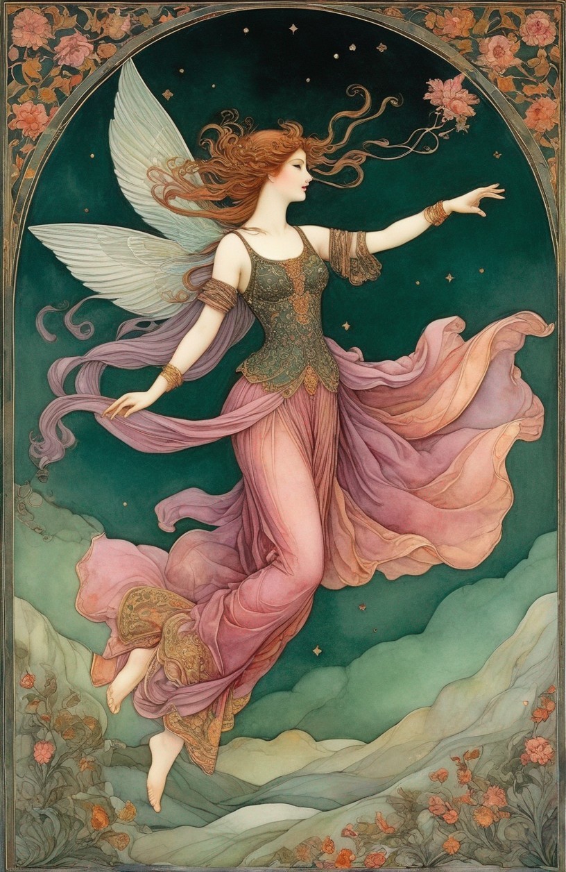 Ethereal Winged Female Figure in Floral Backdrop