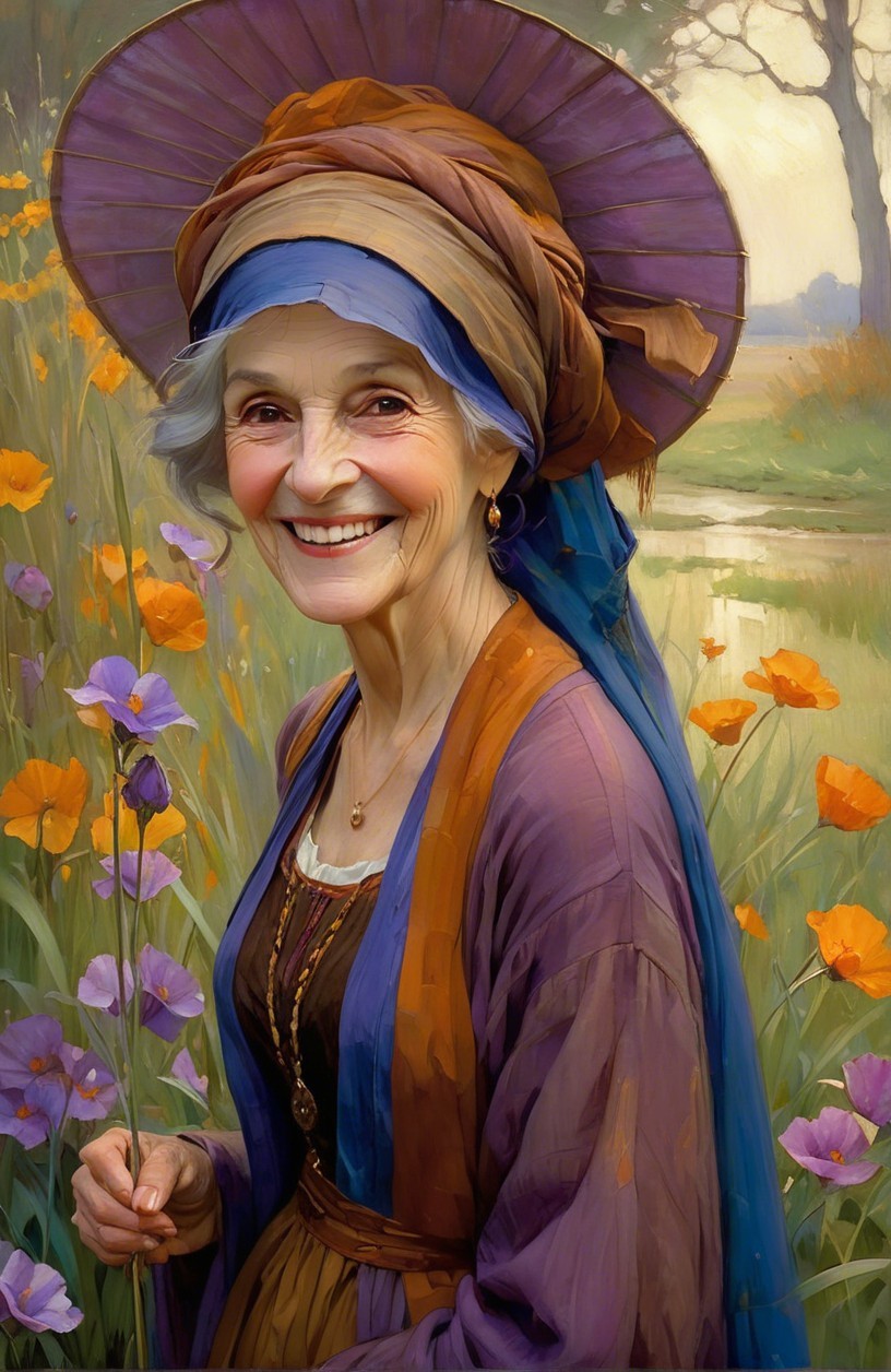 Elderly Woman in Vintage Dress Surrounded by Flowers