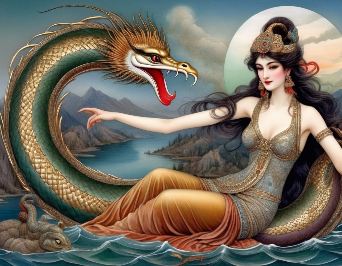 Regal Woman with Dragon and Turtle in Mystical Landscape