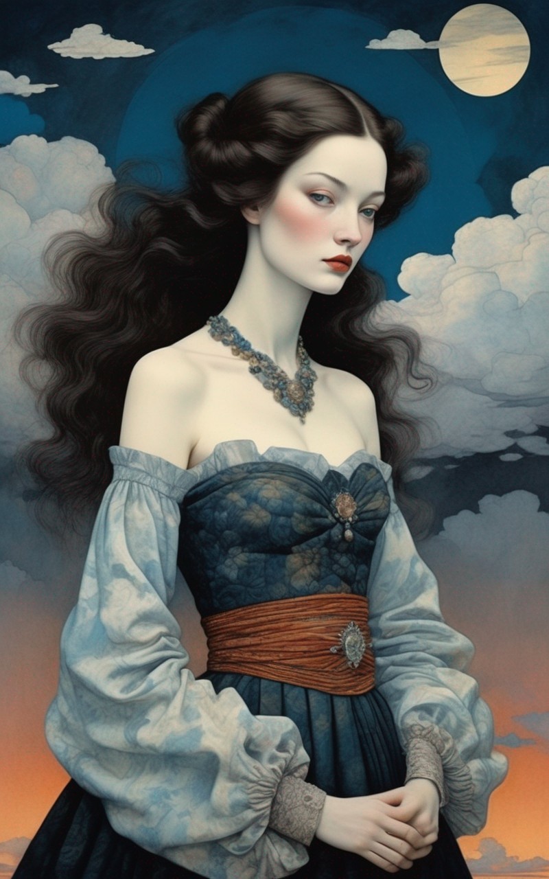 Captivating Woman in Dark Gown Against Mystical Backdrop