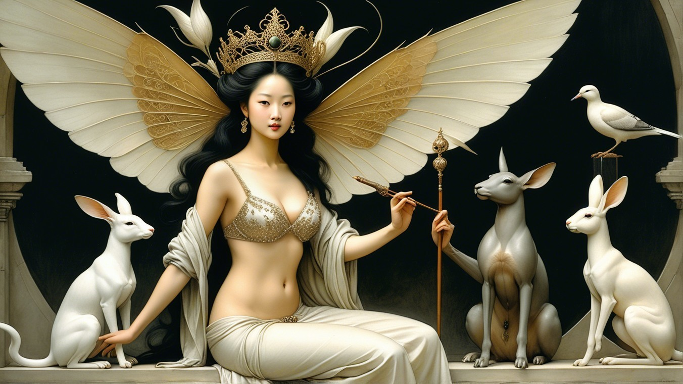 Majestic figure with crown and wings in serene setting