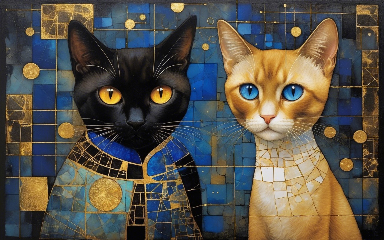 Stylized Cats Against Vibrant Abstract Background