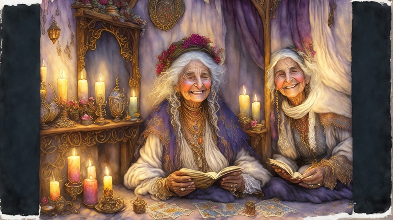 Elderly women in cozy, mystical candlelit setting
