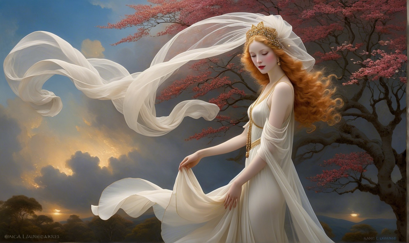Ethereal Woman in Flowing Dress with Cherry Blossom Tree