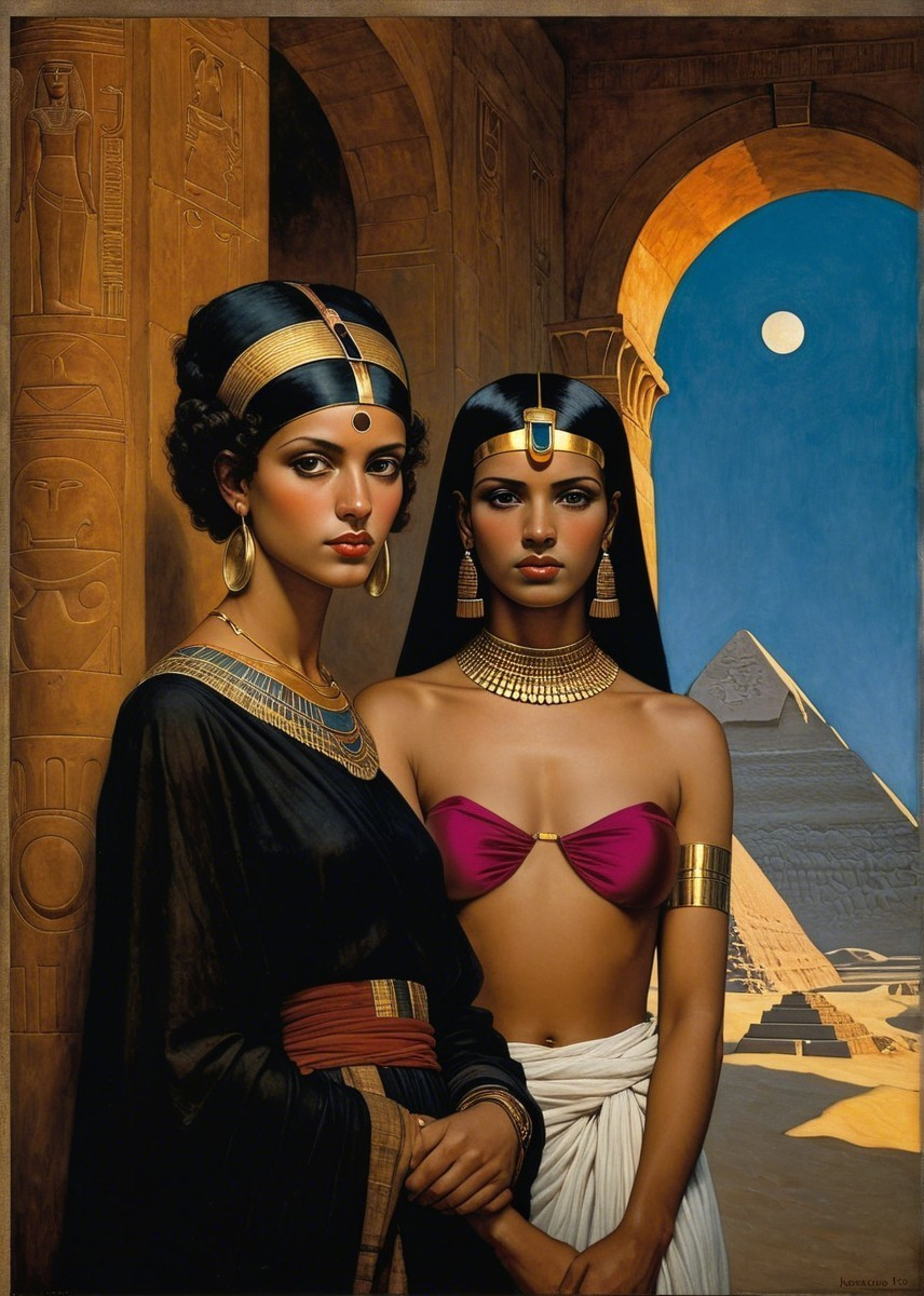 Elegant Women in Ancient Egyptian Setting with Pyramids