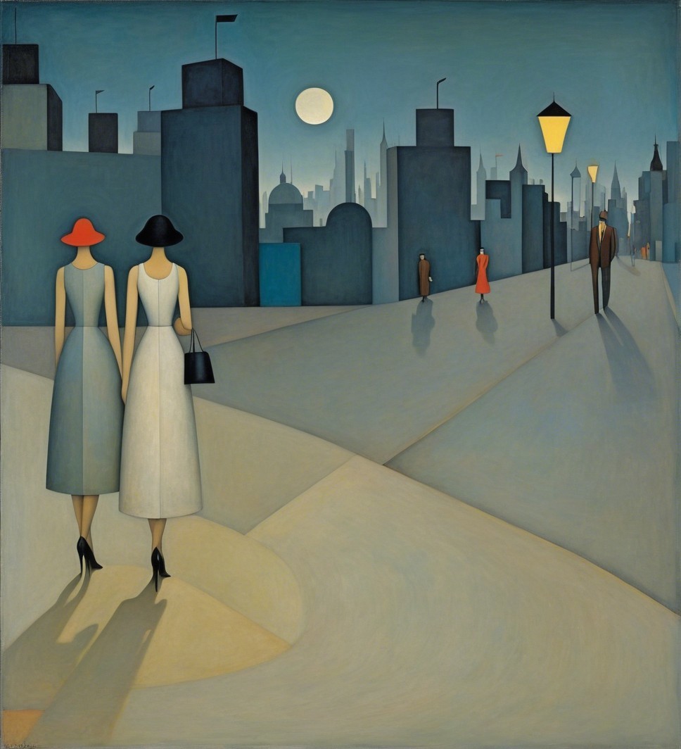 Elegant Women Walking Under Moonlit City Skyline