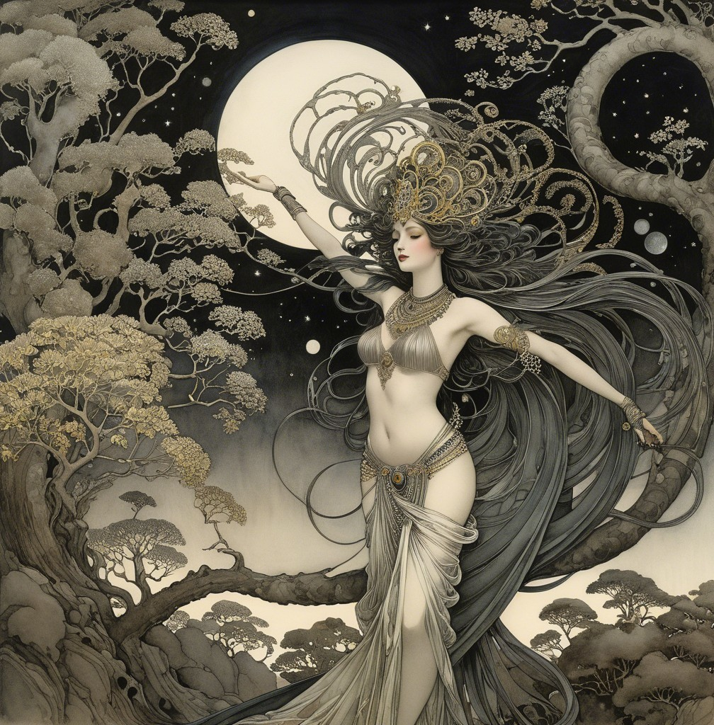 Mystical figure under full moon with intricate jewelry