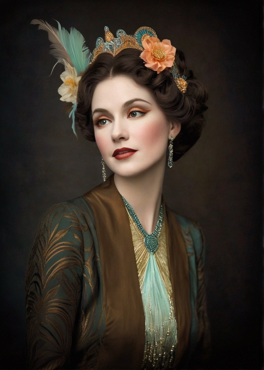 Vintage-inspired portrait of an elegant woman in ornate green and gold attire