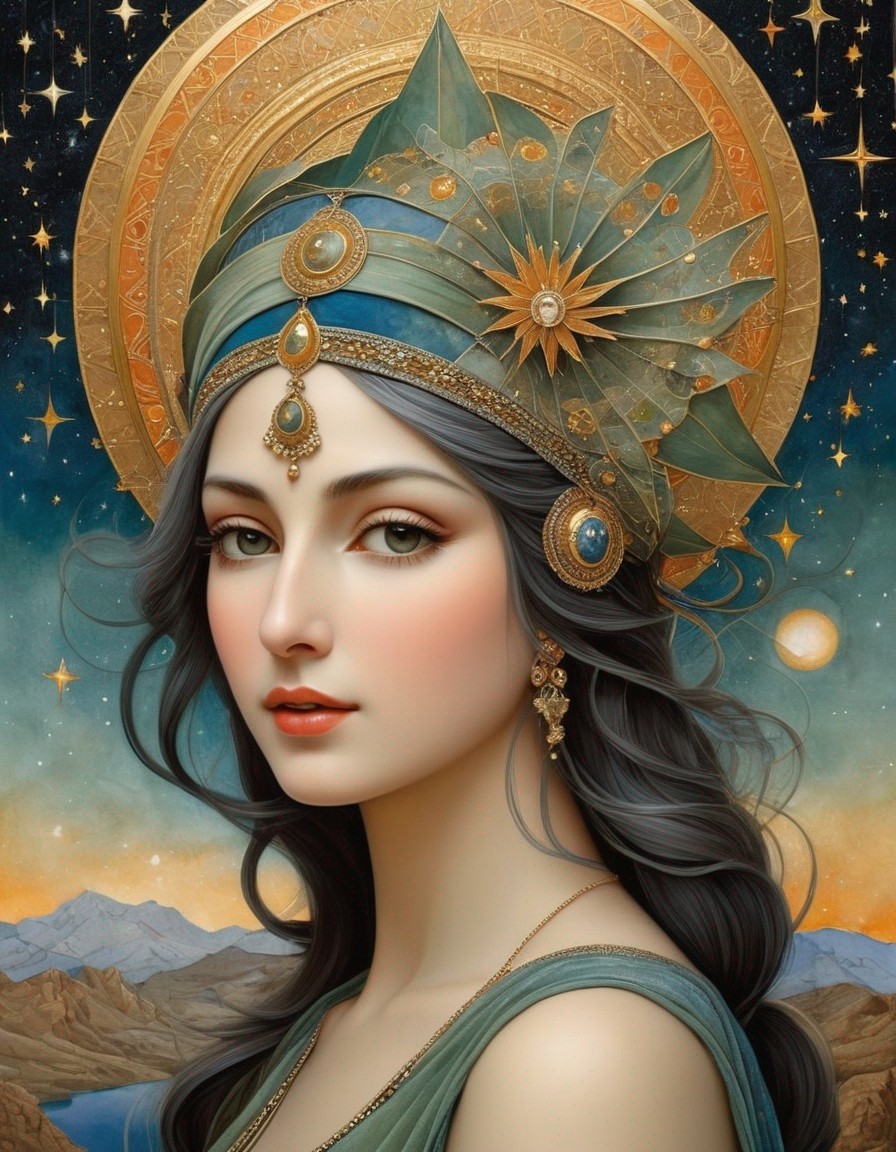 Serene Woman with Regal Headdress in Starry Sky