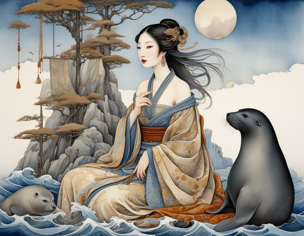 Elegant woman in traditional attire by seals and moon