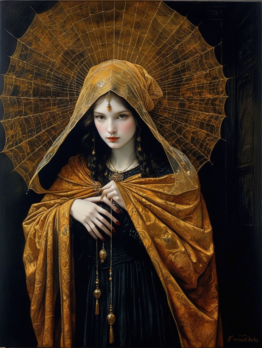 Mysterious Woman in Golden-Orange Shawl and Jewelry