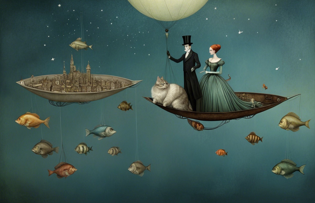 Whimsical Scene of Floating Boats and Colorful Fish