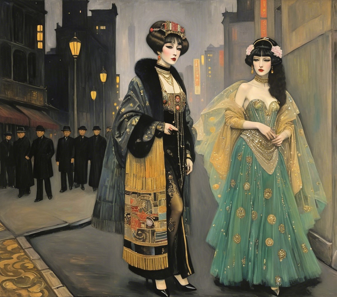 Elegantly Dressed Women in Vintage City Setting