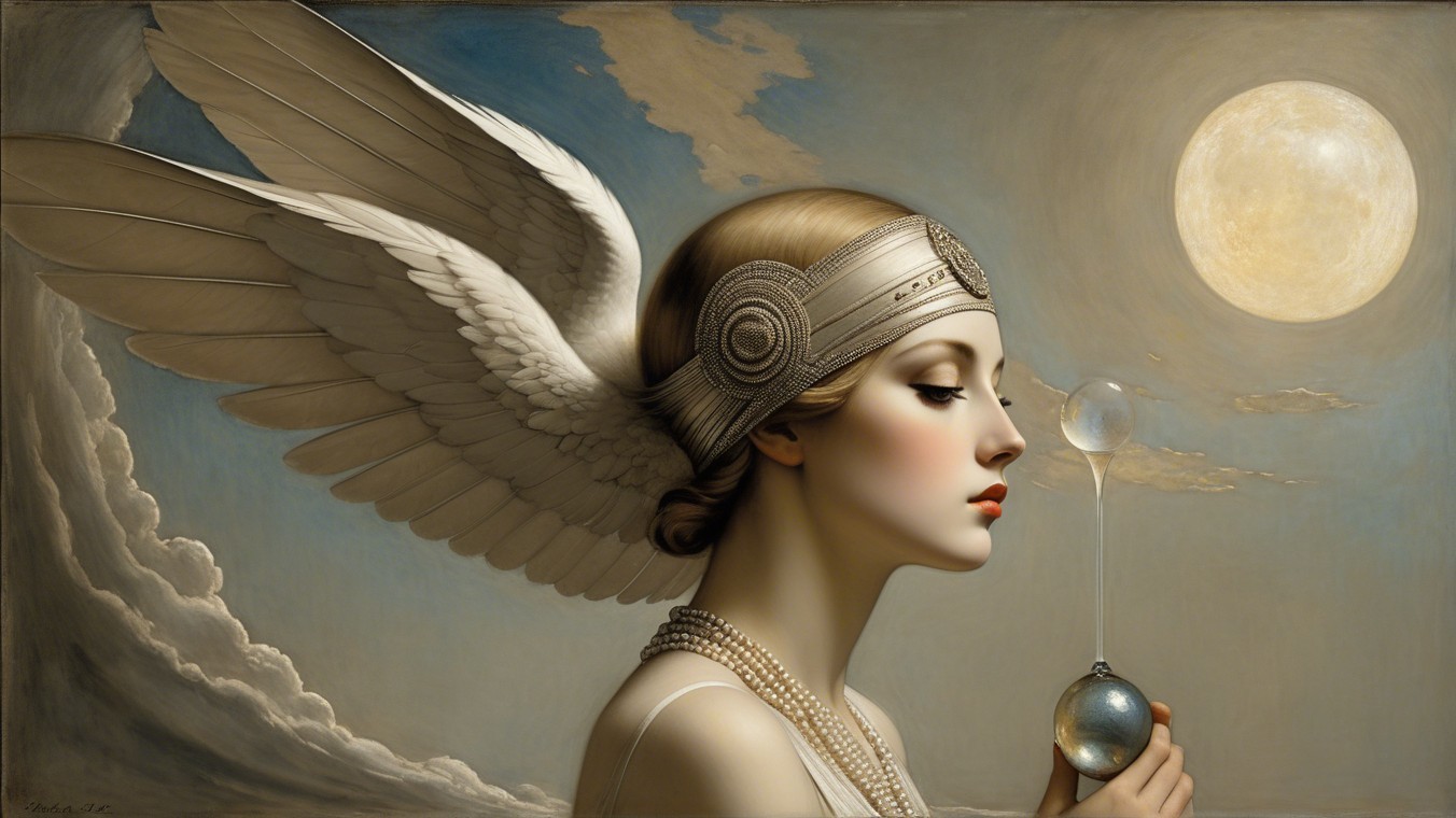 Serene Woman with Wings and Shimmering Orb in Clouds
