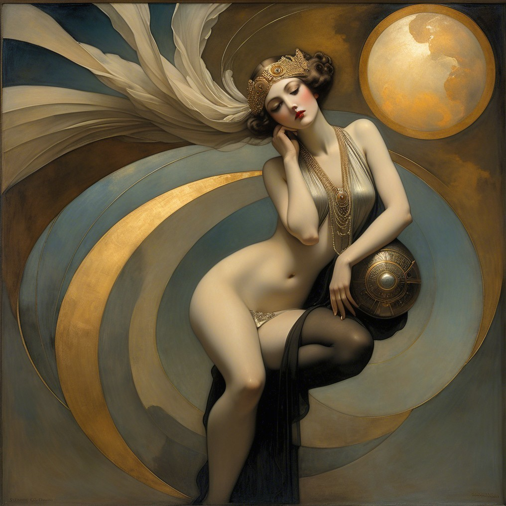 Art Nouveau Woman with Crescent Moon and Ethereal Colors