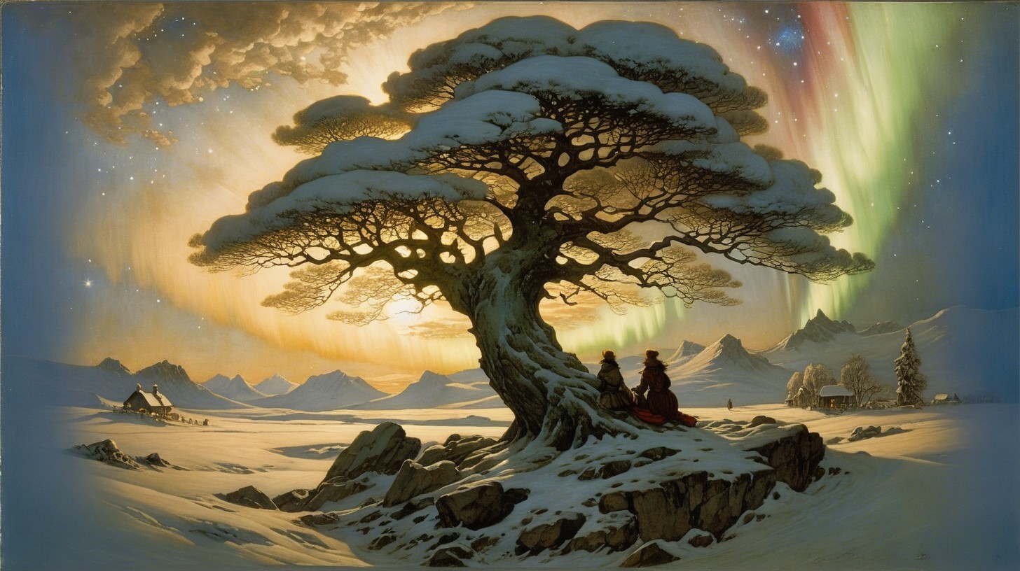 Digital Painting of Figures Under a Snowy Tree