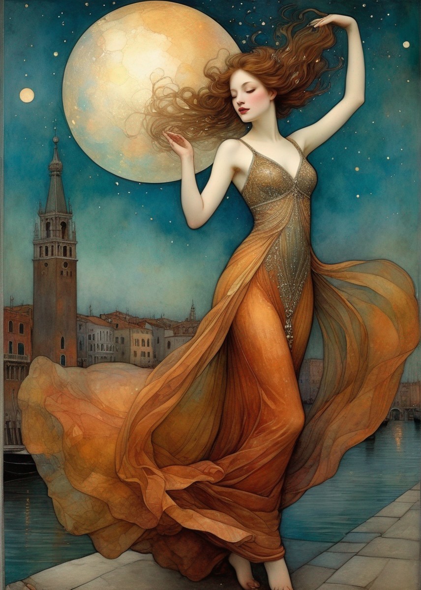 Stylized painting of a woman with red hair in elegant gown against city backdrop