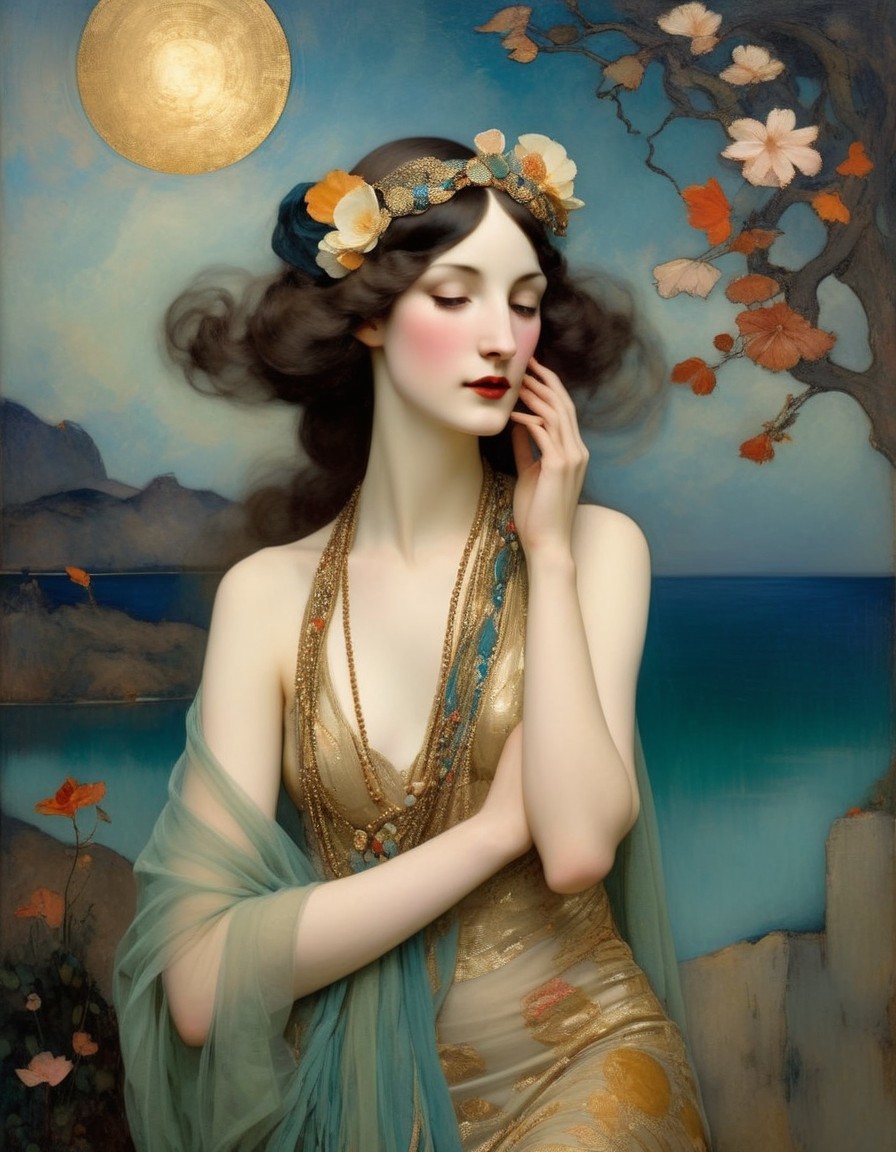 Stylized painting of woman with dark hair, floral headpiece, sheer gown, sea, and