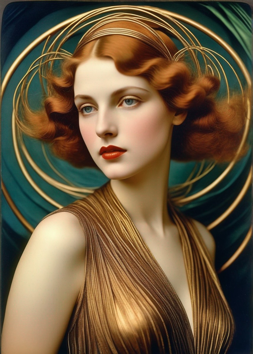 Stylized portrait of a woman with auburn hair, blue eyes, red lips, and