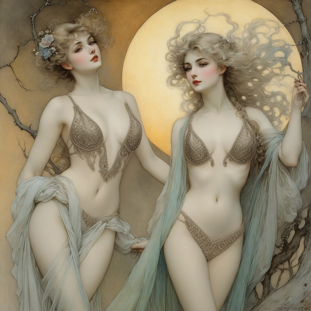 Elegant women in silver bikinis before a giant moon