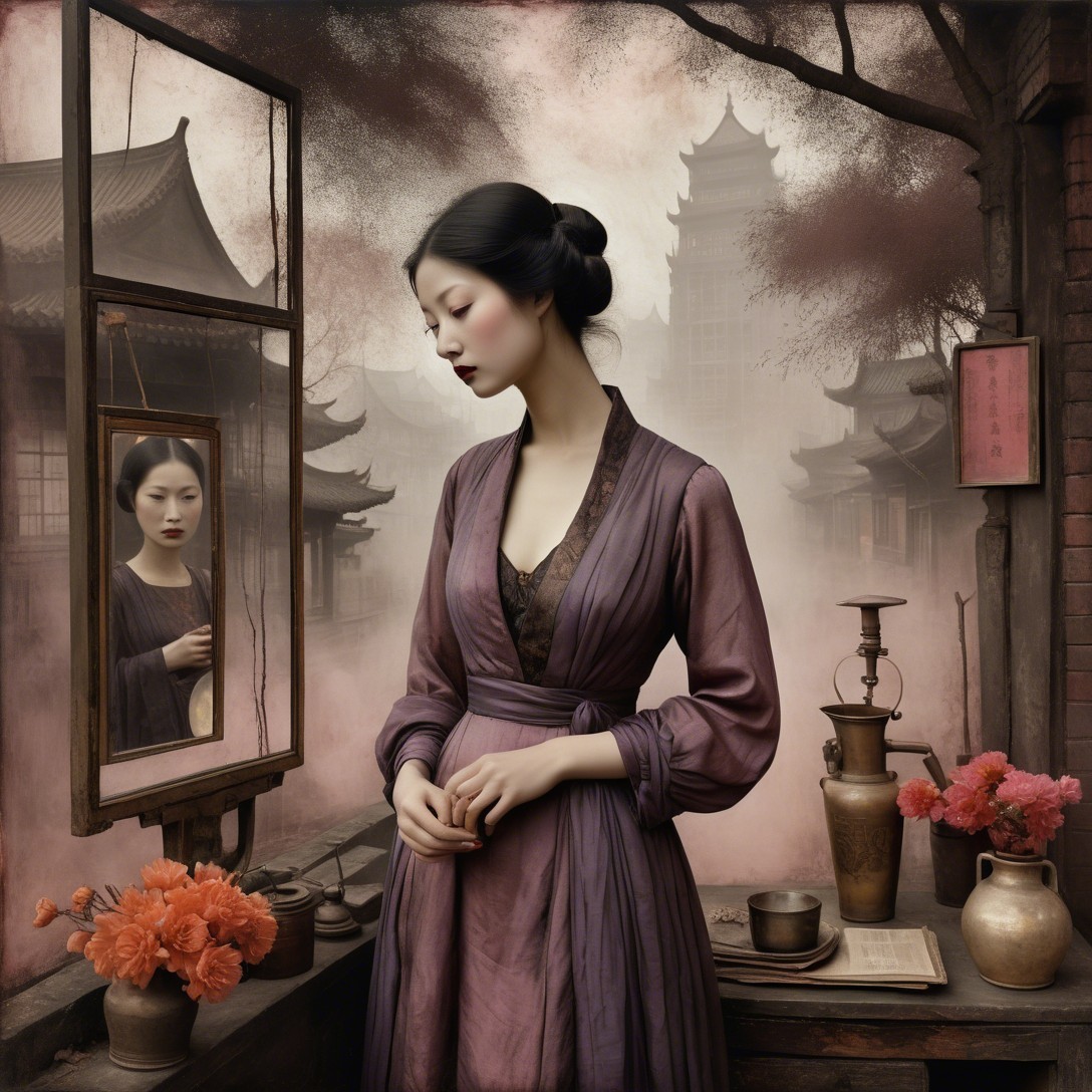 Young woman in purple kimono with reflective window scene