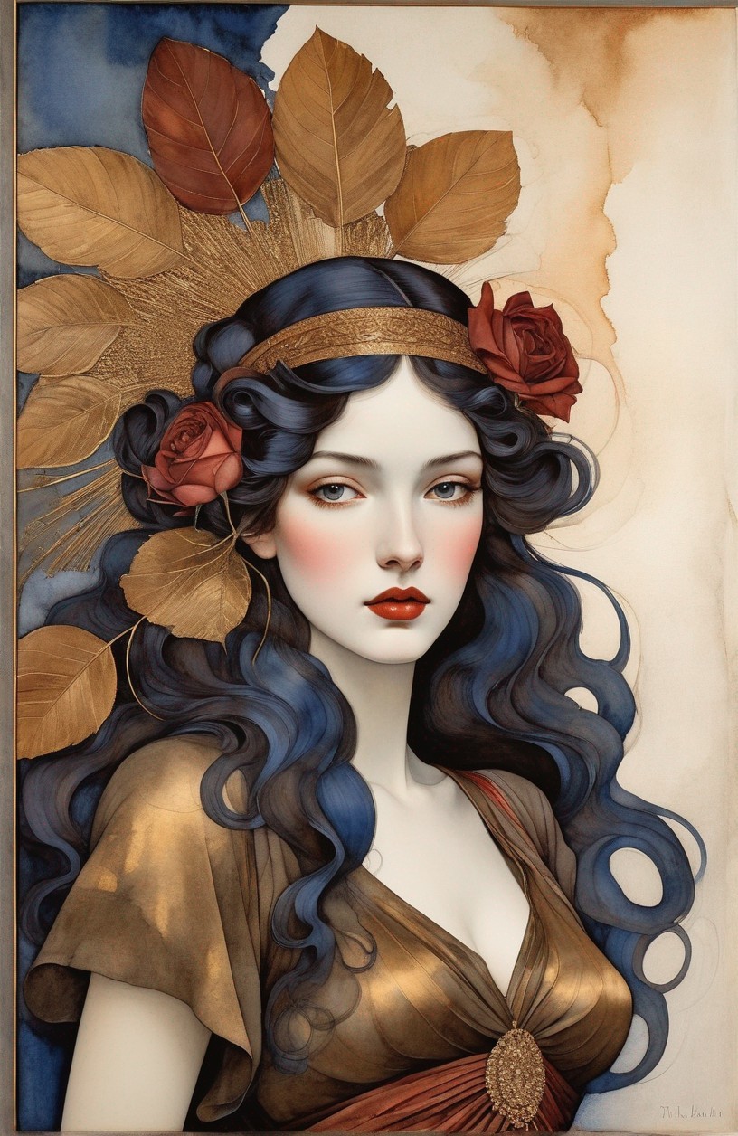 Portrait of a Woman with Blue Hair and Floral Headpiece