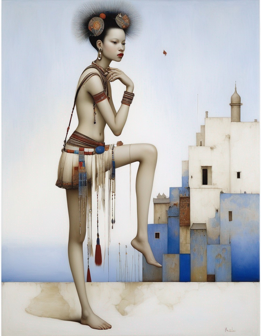 Surreal painting of tall woman in ornate attire against blue and white buildings