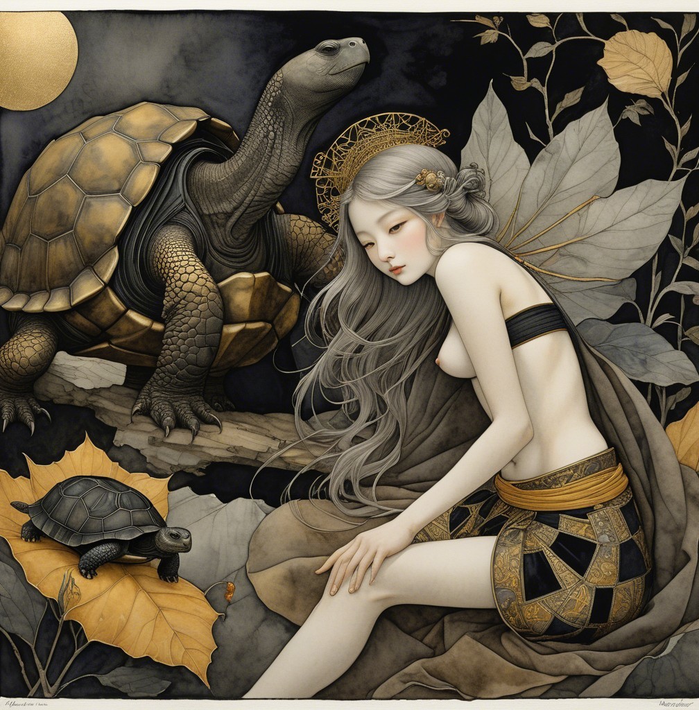 Serene artwork of a woman and tortoises in nature