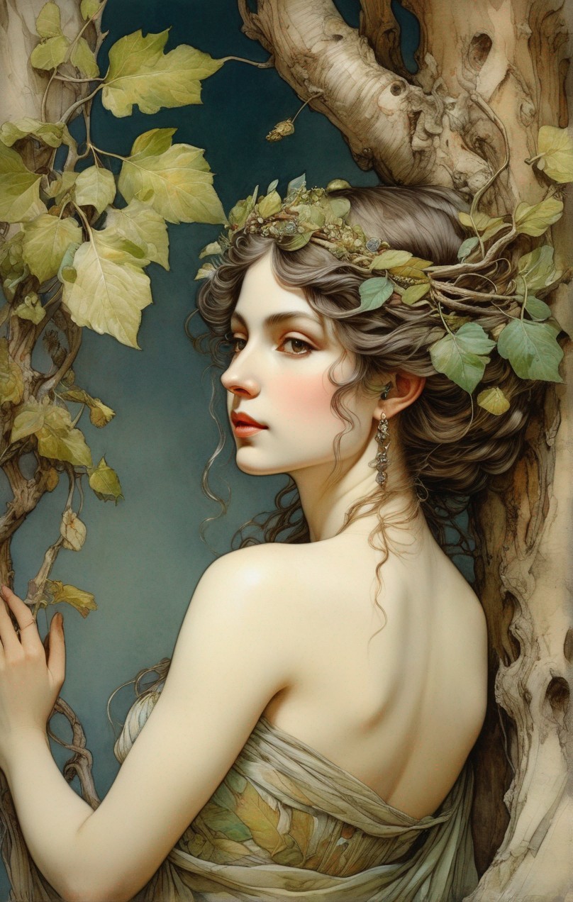Ethereal woman blending with tree symbolizes nature harmony