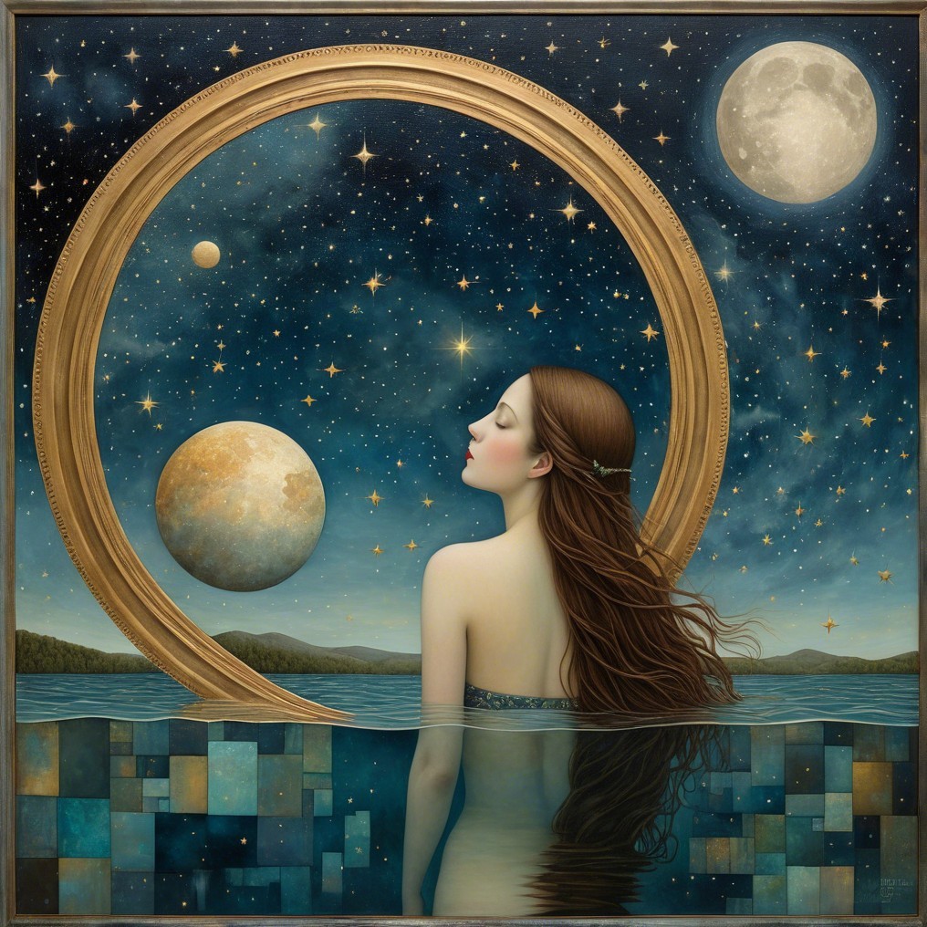 Serene woman in water under a starry night sky