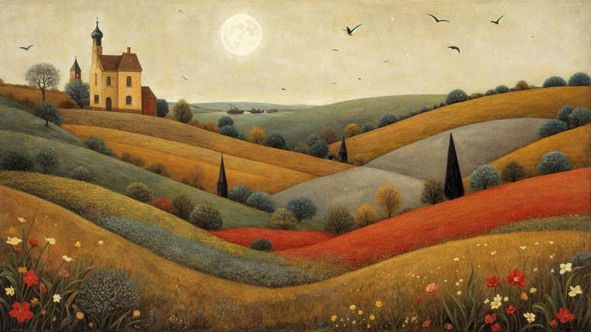 Serene Autumn Landscape with Hills and Wildflowers