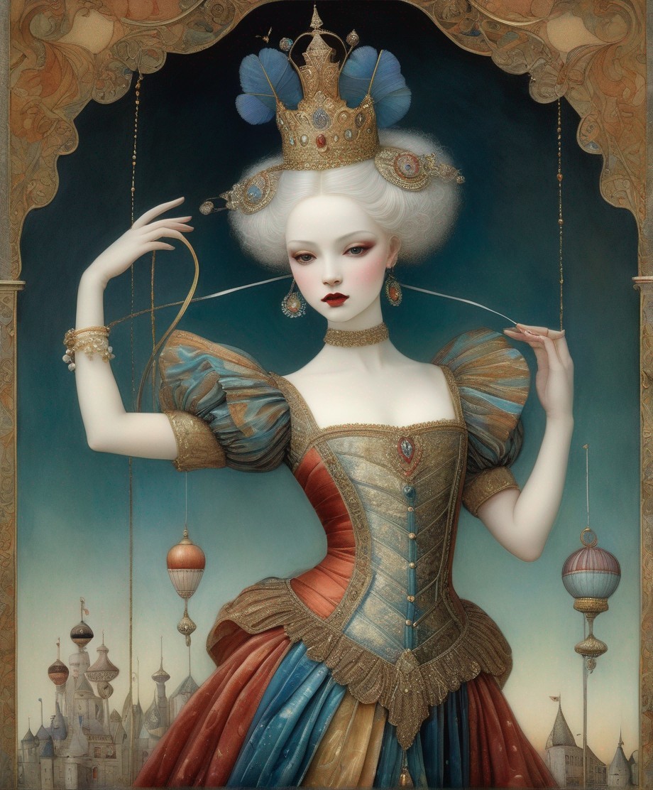 Regal figure with white hair and crown in Renaissance dress against tower and balloon backdrop.