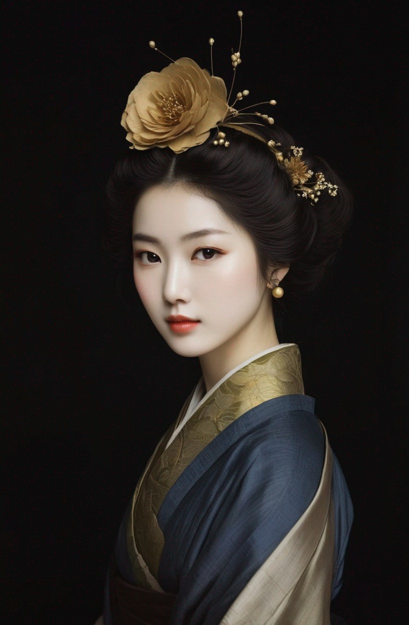 Traditional attire: Woman with elegant updo, gold floral ornaments, gold & indigo hues on black