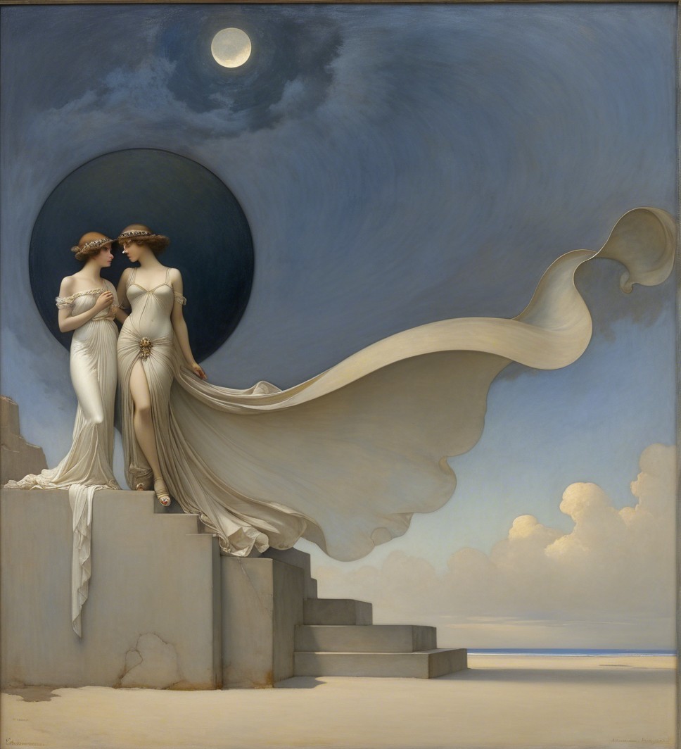 Elegant Women in Flowing White Garments on Staircase