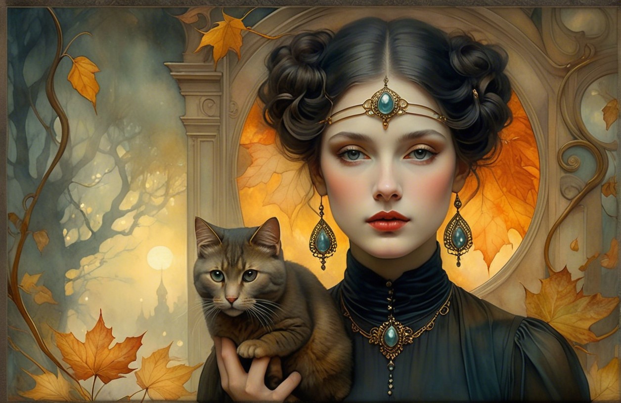 Elegant woman in black gown with cat in autumn scene