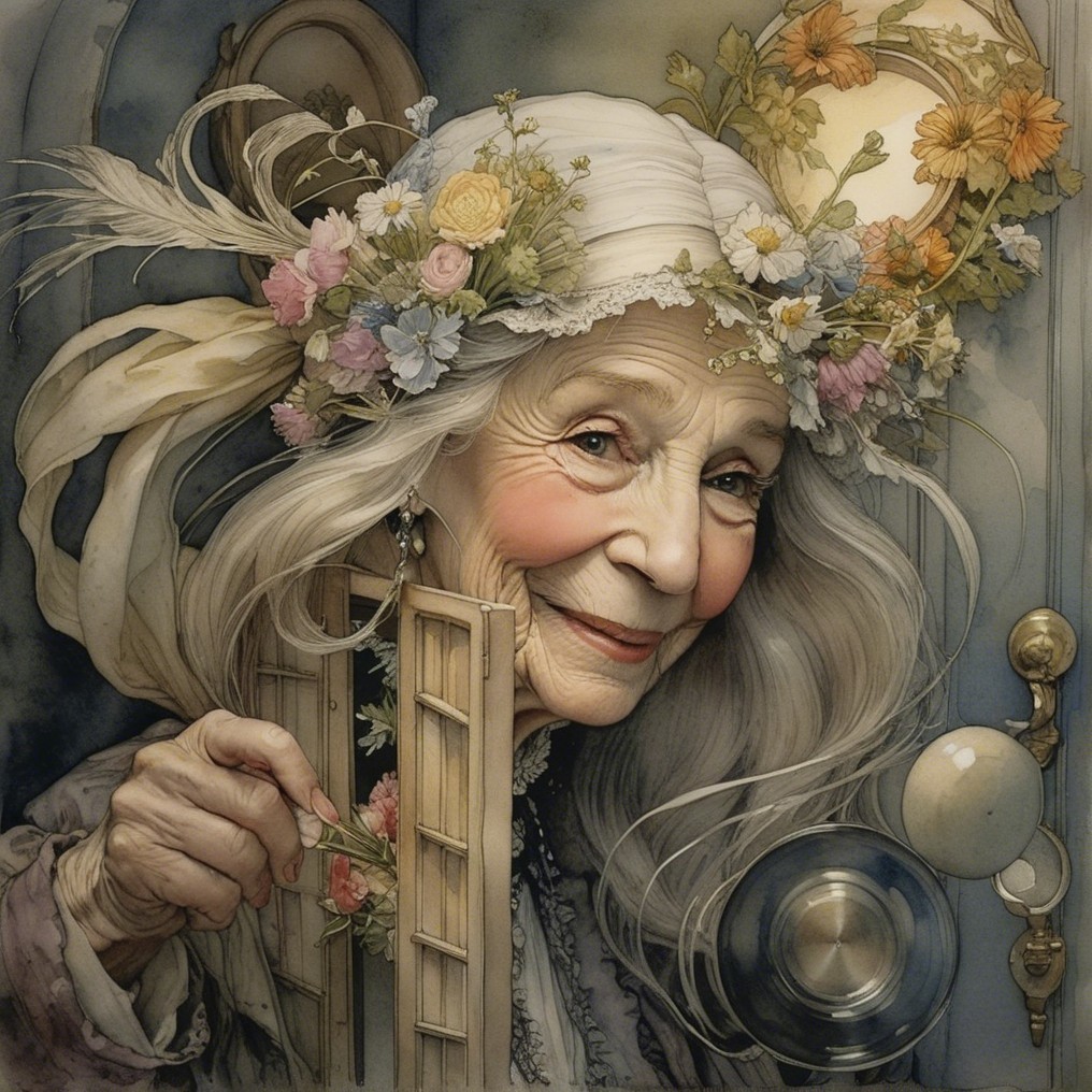 Elderly Woman with Floral Crown by Vintage Door