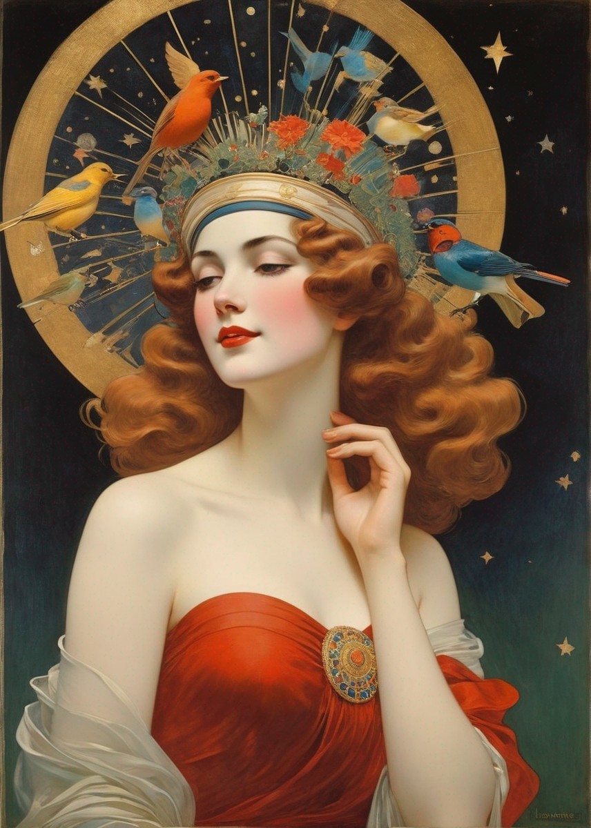 Woman in Red Dress with Crown and Colorful Birds
