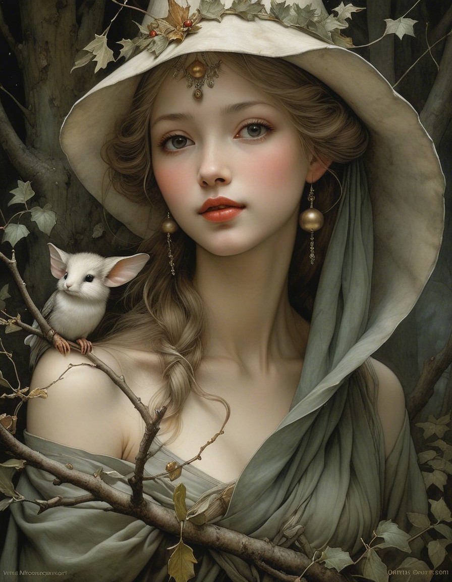 Serene Woman in Nature with Elegant Hat and Animal