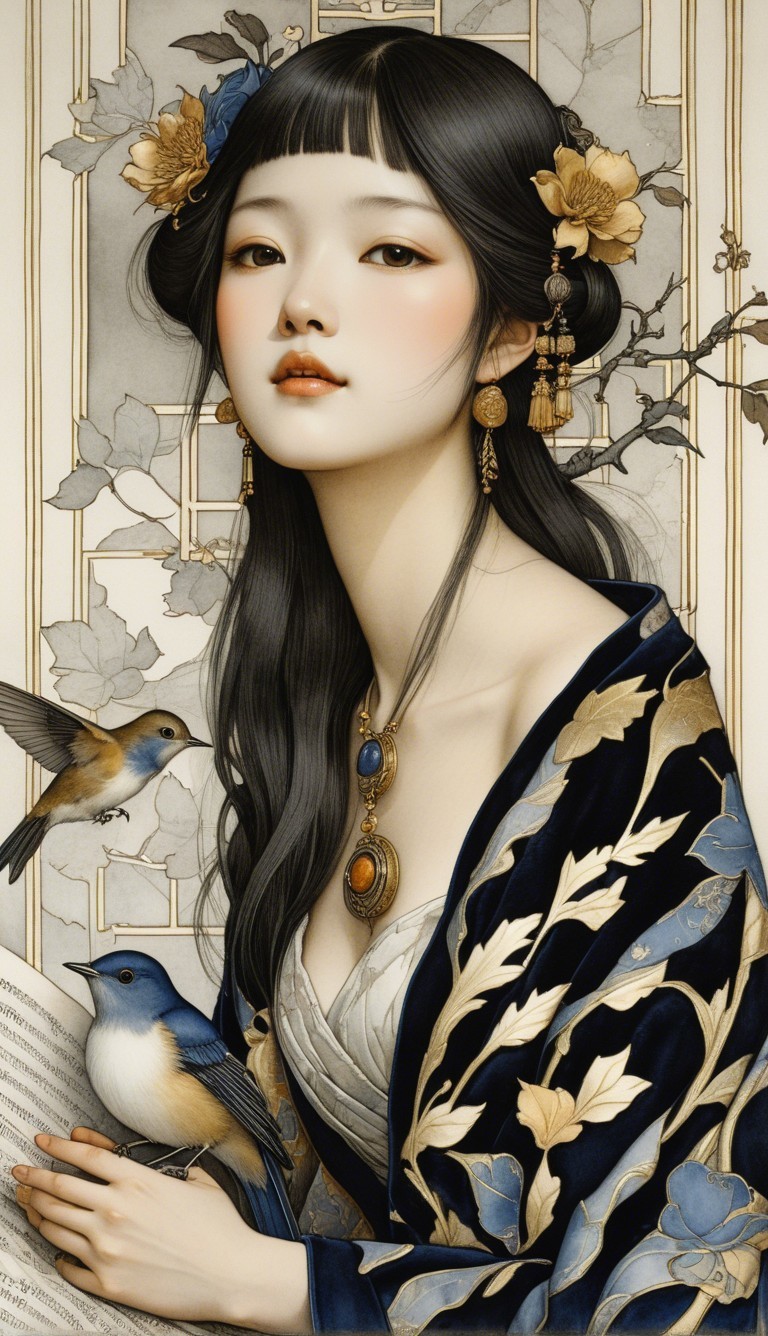 Serene Young Woman in Floral Robe with Bluebird