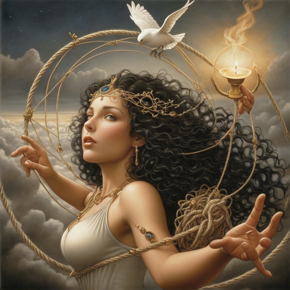 Mystical Woman with Lamp and Dove in Ethereal Setting