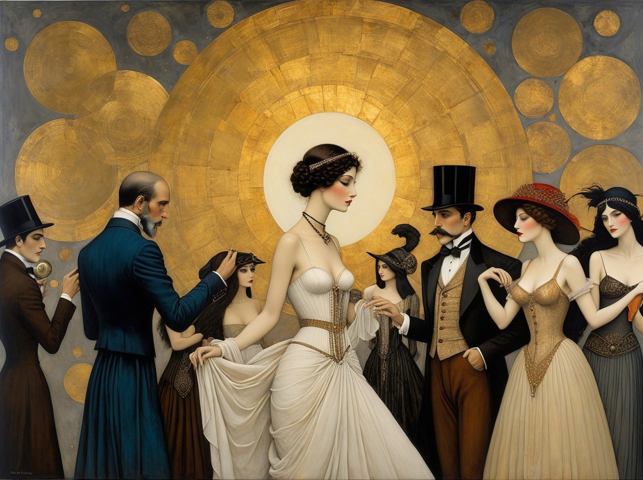 Group of Ten Figures Against Golden Circles Background