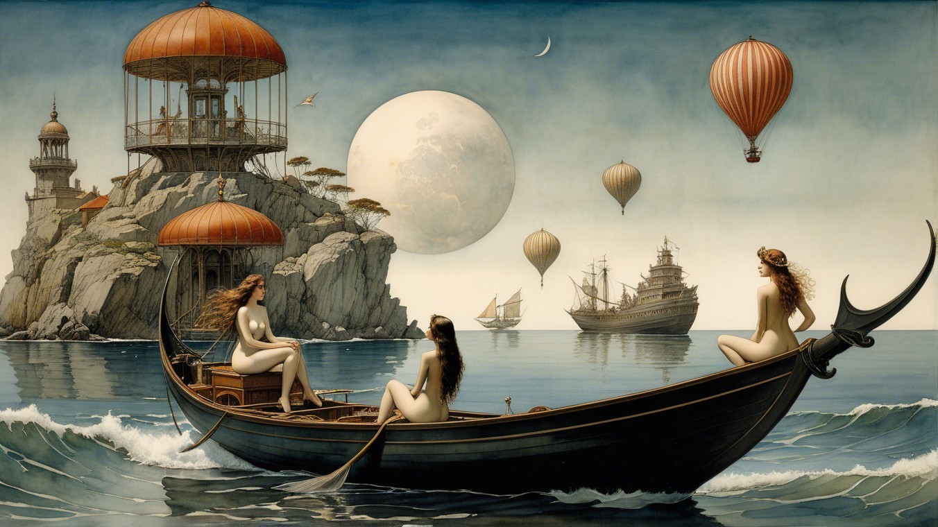 Surreal Seascape with Ethereal Figures and Moonlight