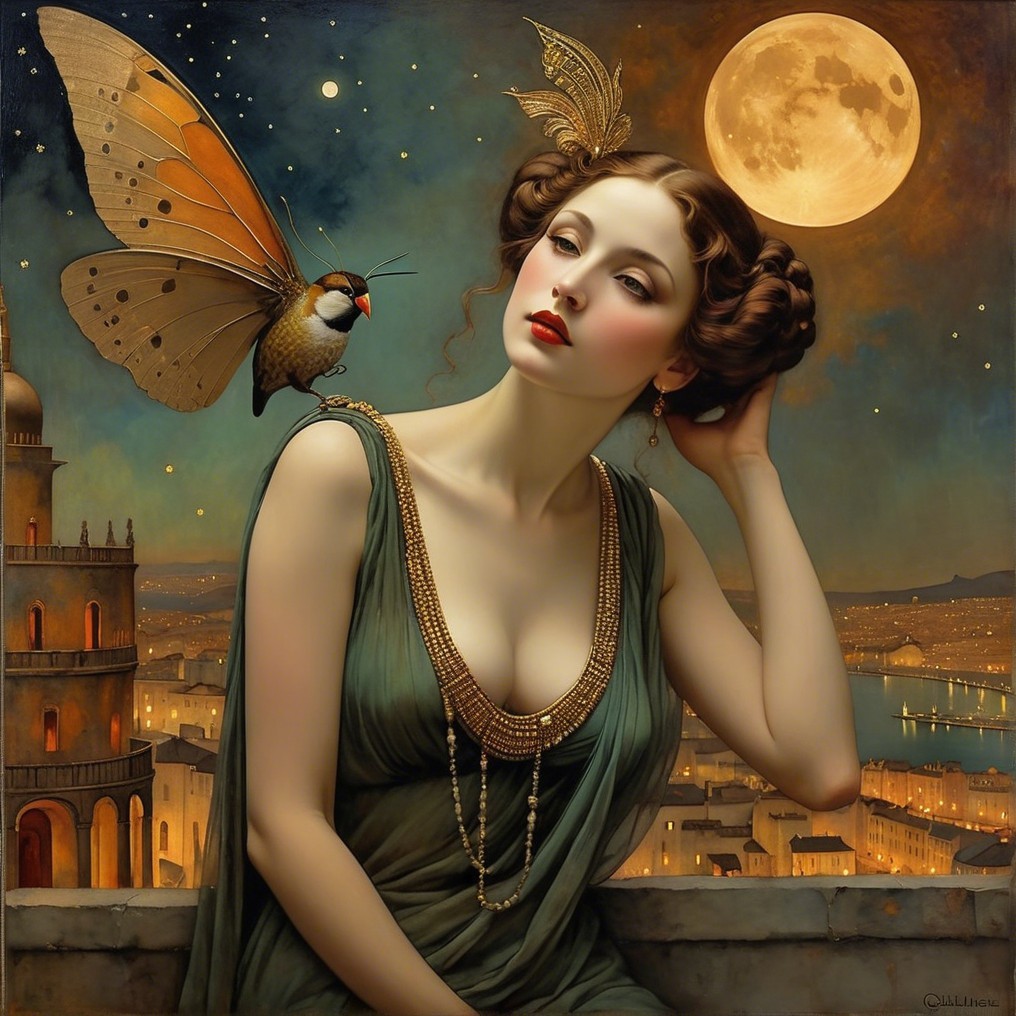 Elegant Woman in Green Dress with Butterfly and Moon